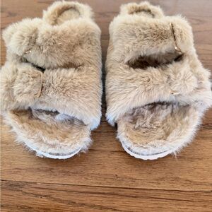 Tory Burch Tan Fuzzy Slippers